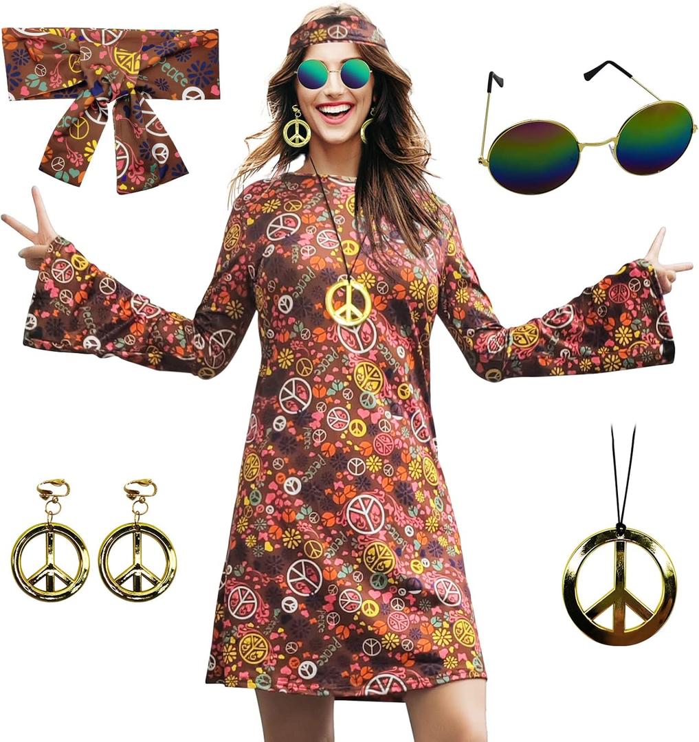 70s Hippie Dress Costumes Necklace Earrings Sunglass Women Disco Outfit, 60s Party Costume, Halloween Retro Dresses (X-Large, Brown)