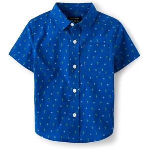 The Children's Place Baby Boys' and Toddler Poplin Short Sleeve Button Down Shirt (5T, Blue Palm Geo)