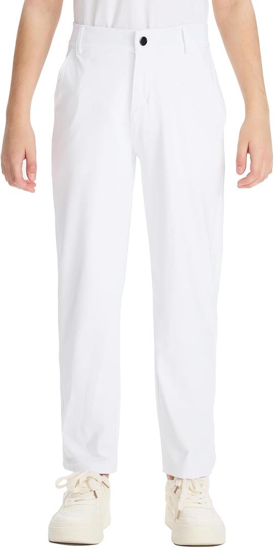 DEVOROPA Youth Boys Golf Pants Stretch Flat Front Dress Athletic Casual Pants School Uniform Chino Twill Pants Pockets (X-Small, White)