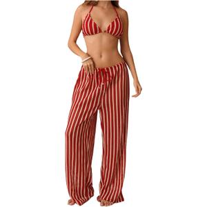 SHENHE Women's 3 Piece Swimsuits Crochet Striped Bikinis Triangle Halter Bathing Suit with Pants (Medium, Red)