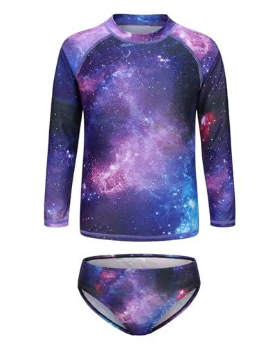 Lollisy Big Girls Long Sleeve Rash Guard Set Bathing Suits Two Piece Swimsuits for Kids Swim Shirts Purple Nebula Size 9-10 Years