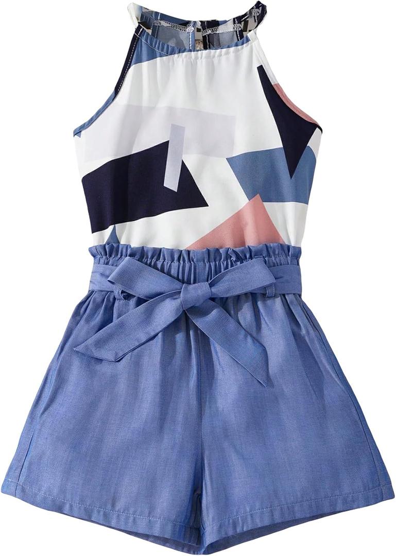 WDIRARA Girl's 2 Piece Outfit Graphic Print Sleeveless Halter Top and Belted Paperbag Waist Shorts Set, Size 11-12Y
