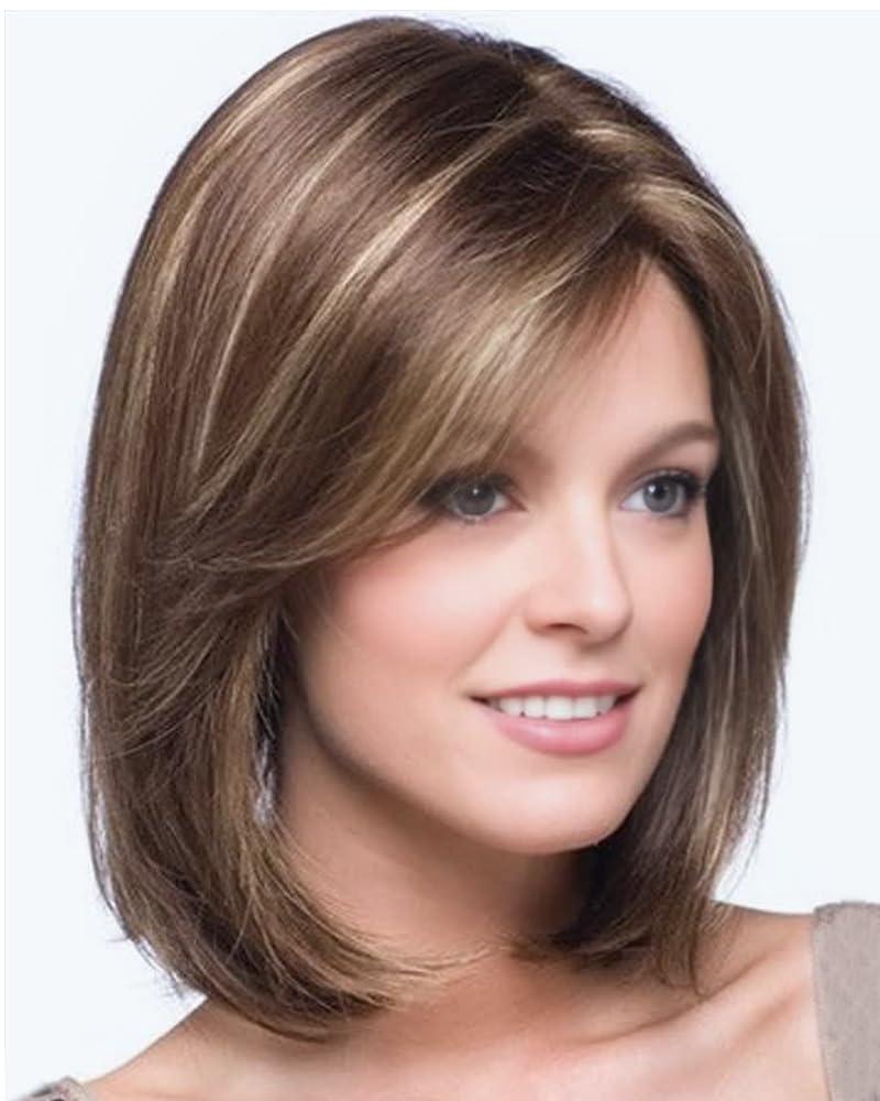 SEVENCOLORS Short Brown Mixed Blonde Bob Wigs for White Women Shoulder Length Synthetic Hair Wigs with Side Bangs Straight Blonde Highlights Womens Wig