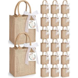 Hsei 20 Pack Burlap Tote Gift Bags with Handles Lace Bow Gift Tags 9.8''x 7.9''x 4.3'' Reusable Small Jute Tote Bags Bulk for Wedding Bridesmaid Bachelorette Bridal Shower Beach Party Favors