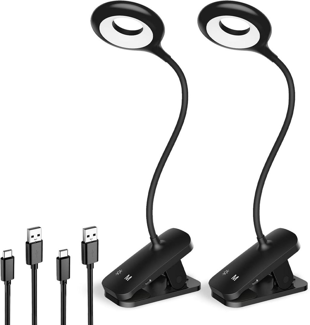 2 Pack Clip on Reading Light for Bed Headboard, Battery Rechargeable Large Clamp Bed Lamp - 5 Colors 5 Brightness, Flexible Arm Book Light at Night for Kids Bunk Desk Metal Bed Frame