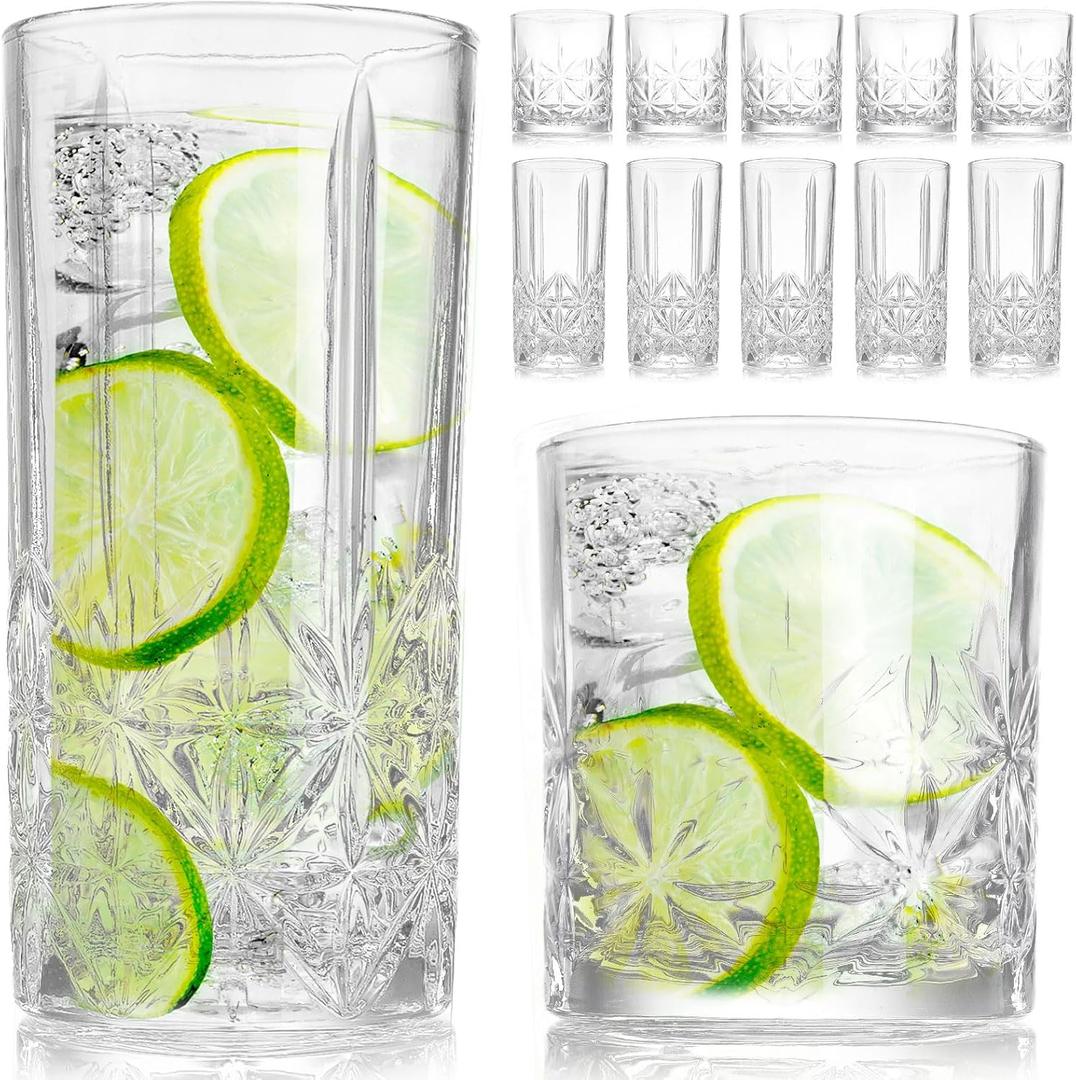LemonRoad 12 Pcs Crystal Glass Cups Mixed Glassware Set 6 Pack 15oz Crystal Old Fashioned Highballs 6 Pack 12oz Whiskey Glasses for Cocktail Whisky Beer Soda Tea Beverages Dishwasher Safe(Star)