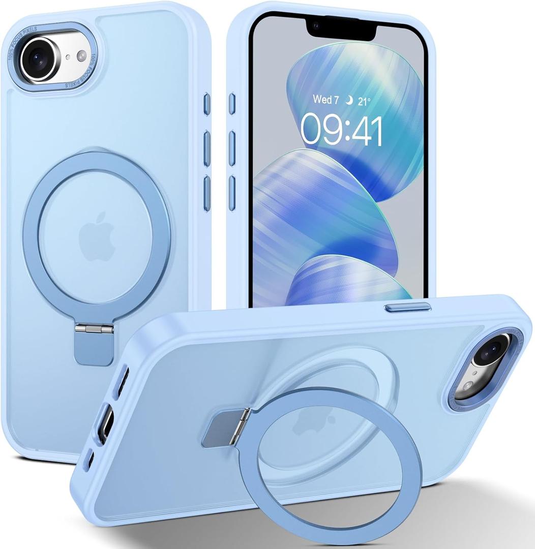 DUEDUE for iPhone 17E/16E Case Magnetic with Ring Stand[Compatible with Magsafe], Full Protective Cover Slim Shockproof Kickstand Phone Case for iPhone 17E/16E 6.1", Light Blue