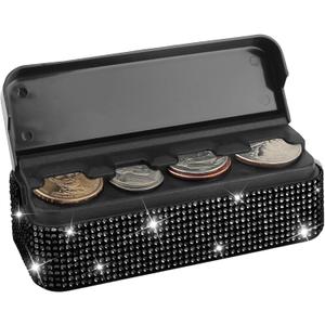 Bling Coin Holder for Car,Rhinestone Car Change Holder,Vehicle Coin Oraganizer with 4 Compartments Compatible with Quarter/Nickel/Pennies/Dimes,Universal Car Coin Change Organizer Accessory (Black)