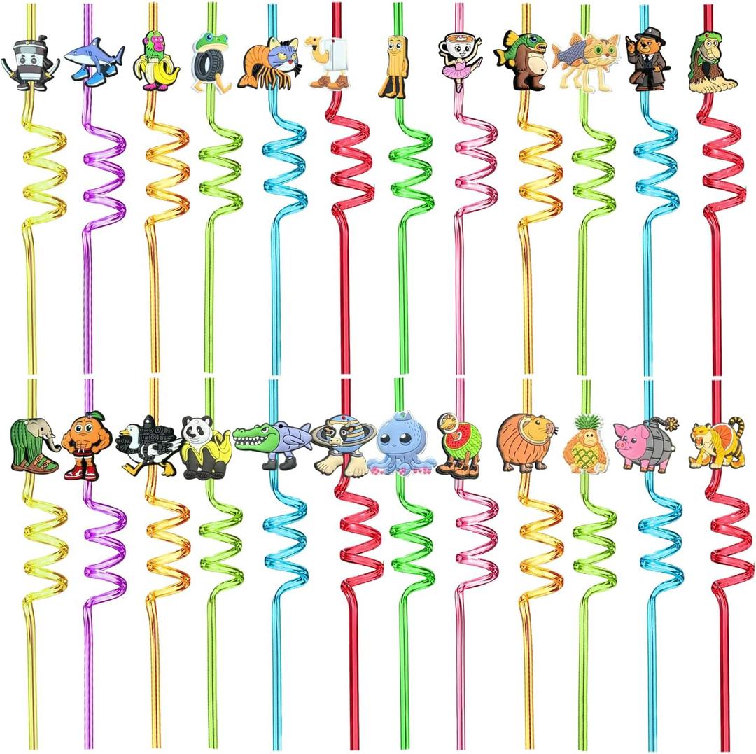2 x Italian Brainrot Reusable Drinking Straws 24-Pack Colorful Spiral Straws, Curve