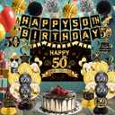 50th Birthday Decorations, Pre-Strung Happy Birthday Banner with Balloons, Backdrop, Honeycomb Centerpieces, Hanging Swirl Streamers, Black Gold Happy Birthday Party Decorations for Men Women