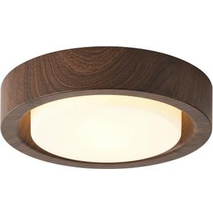 Walnut Wood Flush Mount Ceiling Light Fixture,13 Inch Ceiling Light with Frosted Glass Shade,High Deep Profile Round Ceiling Lights for Hallway Bedroom Closet Livingroom