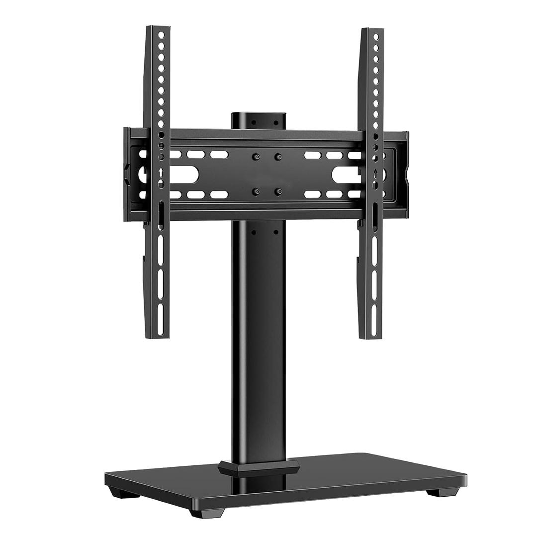Universal 26-80" Tabletop TV Stand, 88 lb Steel & 8 mm Glass Base, 6-Level Height Snap, 10-Min No-Drill Install, VESA 100100-400400 mm