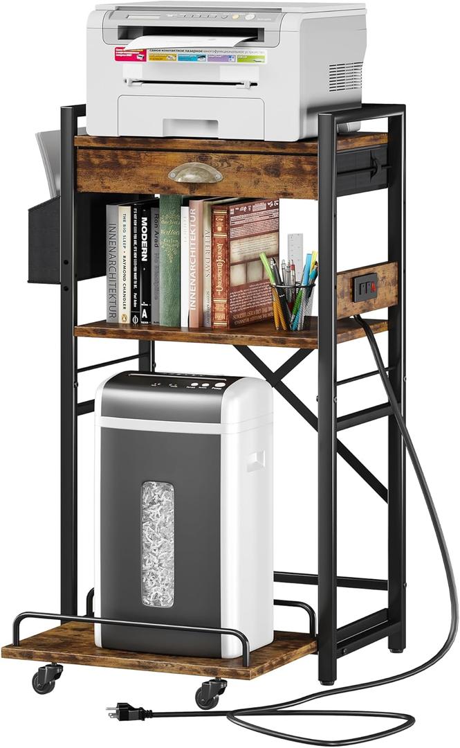 Homeiju 3-Tier Printer Stand with Storage Drawer,Large Tall Printer Table with Power Outlet,Side Pocket and Adjustable Shelf for Home Office,Stand Cart for Computer PC Tower CPU Shredder,Brown