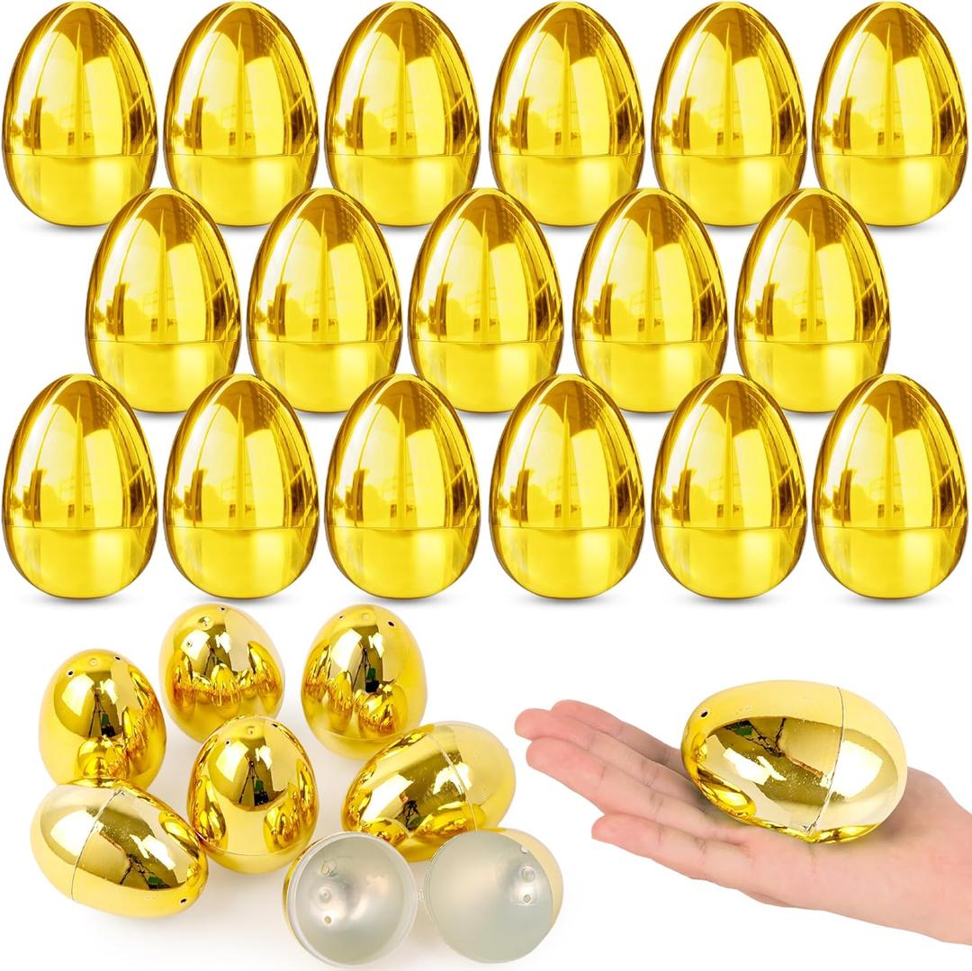 24 Pack 2.4 Inch Golden Easter Eggs, Metallic Plastic Empty Gold Eggs Bulk for Easter Egg Hunt, Easter Basket Stuffers Fillers, Filling Treats and Party Favors