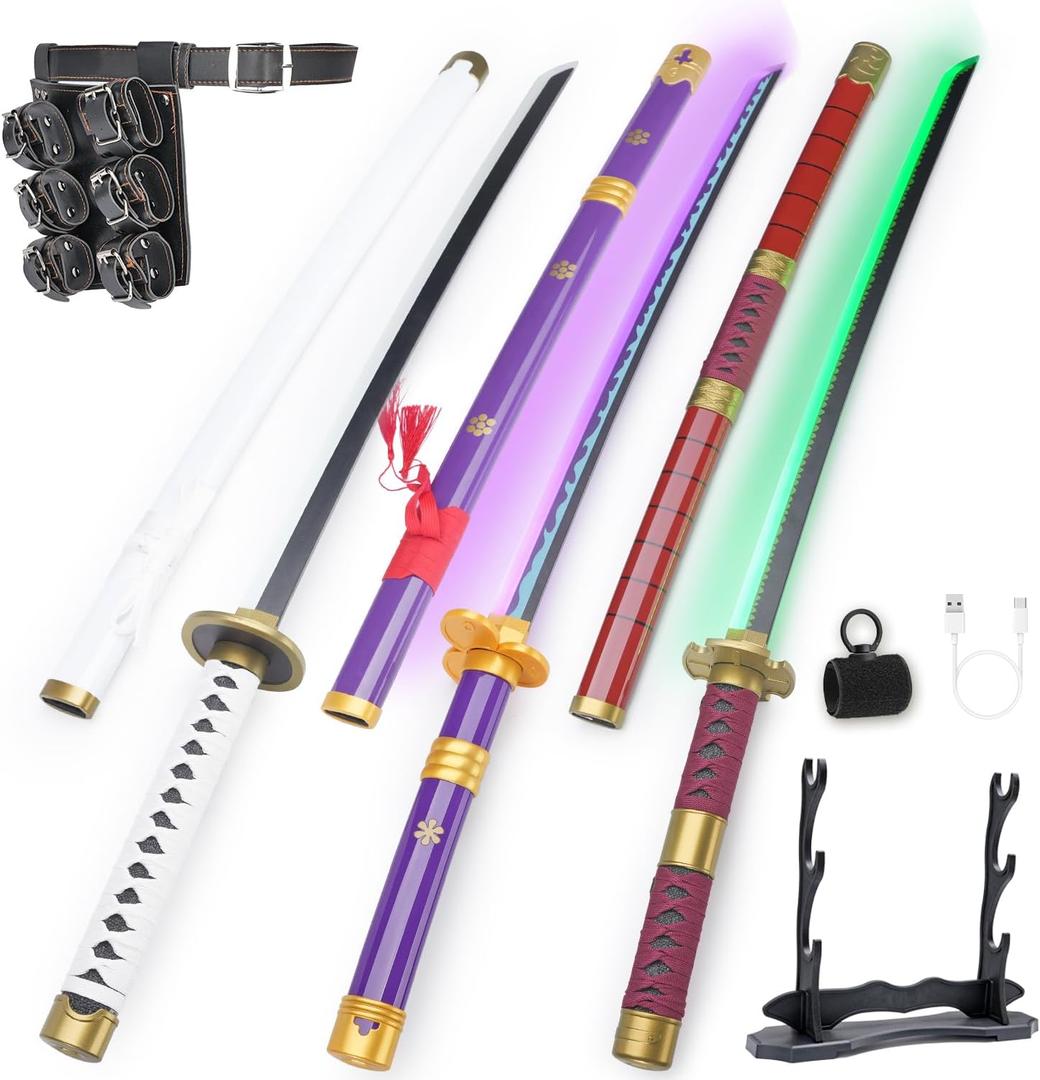 RENGENG Light Up Sword, 40 Inches Rechargeable Pre-Assembled Plastic Replica Anime Sword with Belt & Stand & Spinner (3 Piece-kitetsu+enma Purple+wado Ichimonji)