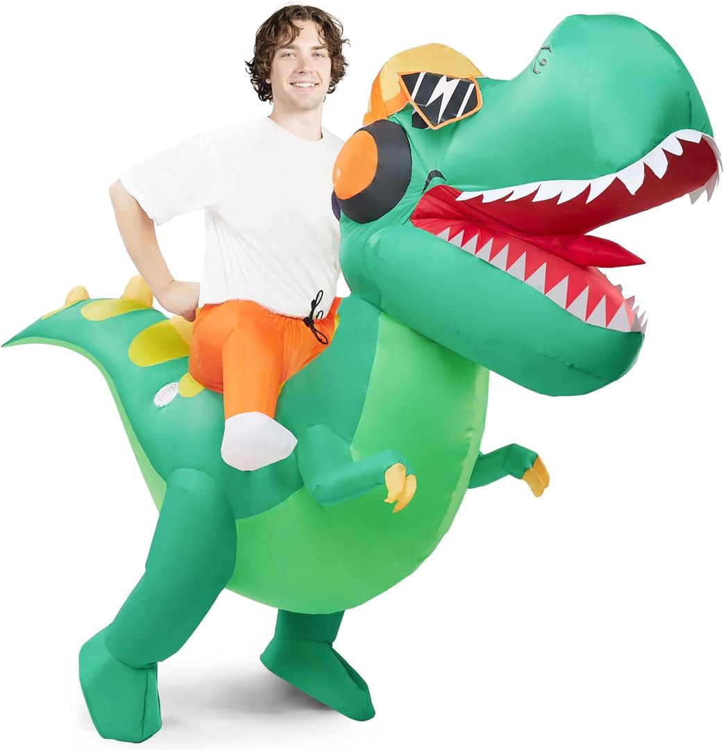 Spooktacular Creations Adult Halloween Inflatable Costume, Riding a Hip-hop Dinosaur Blow-up Costume, Green Inflatable T. rex Deluxe Ride On Halloween Costume for Halloween Cosplay Parties