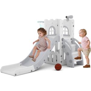 LulliSpace 6 in 1 Toddler Slide,Kids Playset for Toddlers Indoor Outdoor, Baby Slide with Basketball Hoop, Telescope & Storage Space,Non-Slip Steps for Great Gift