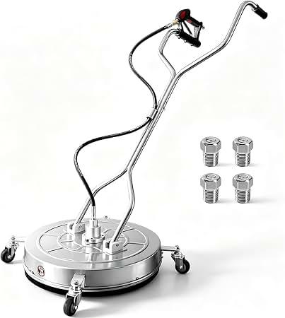 JANZ 24'' Pressure Washer Surface Cleaner with 4 Wheels,Dual Handle,Stainless Steel Housing, 4 Replacement Nozzle Cores and 2 Hose Adapters,Ideal for Driveways, Sidewalks,Patios,Decks Cleaning