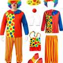 8 Piece Adult Clown Costume Set with Wig, Hat, Nose, Gloves, Shoes, Bag for Halloween Parties (X-Large)