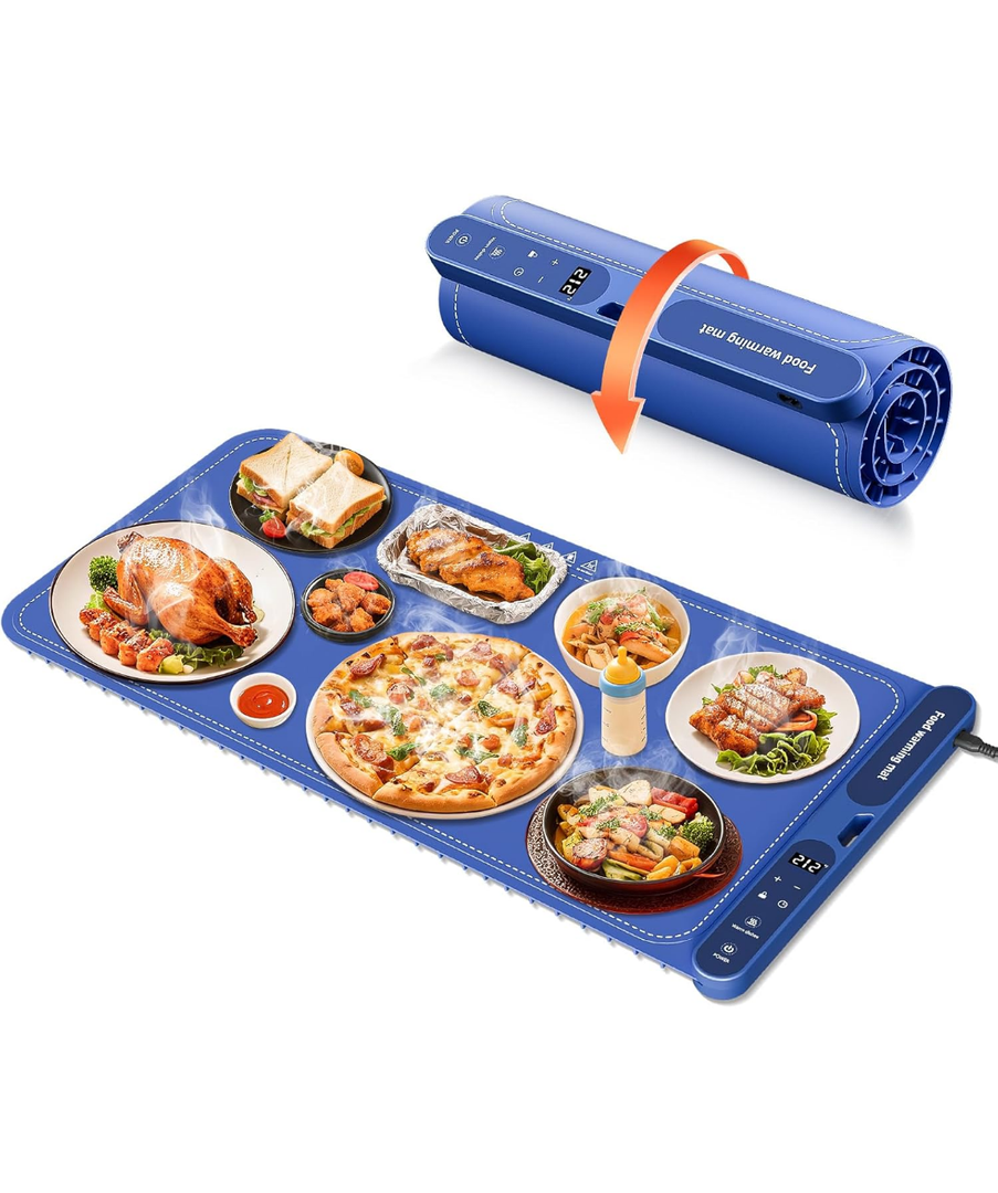 Warming Mat for Food Extra Large 32"x15", Electric Silicone Food Warmer Trays for Chafing Dishes & Buffet,Portable Countertop Food Warmers for Parties, 7-Level Temp 8-Hour Timer， Blue