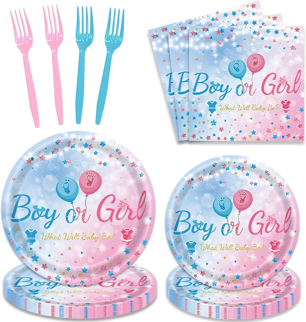 96 PCS Gender Reveal Party Decorations Boy or Girl Party Tableware Set Baby Gender Reveal Party Supplies for Baby Shower Serves 24