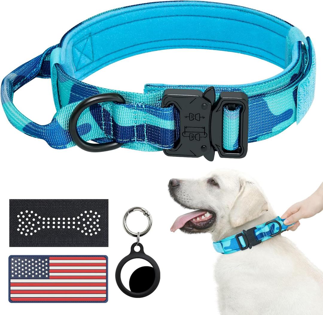 Hotsky Tactical Dog Collar, Adjustable Military Training Nylon Airtag Collar with Handle and Heavy Duty Metal Buckle for Medium Large Dogs, with Airtag Holder and Two PatchesBlue Camo,L (L(17"-20.5"))