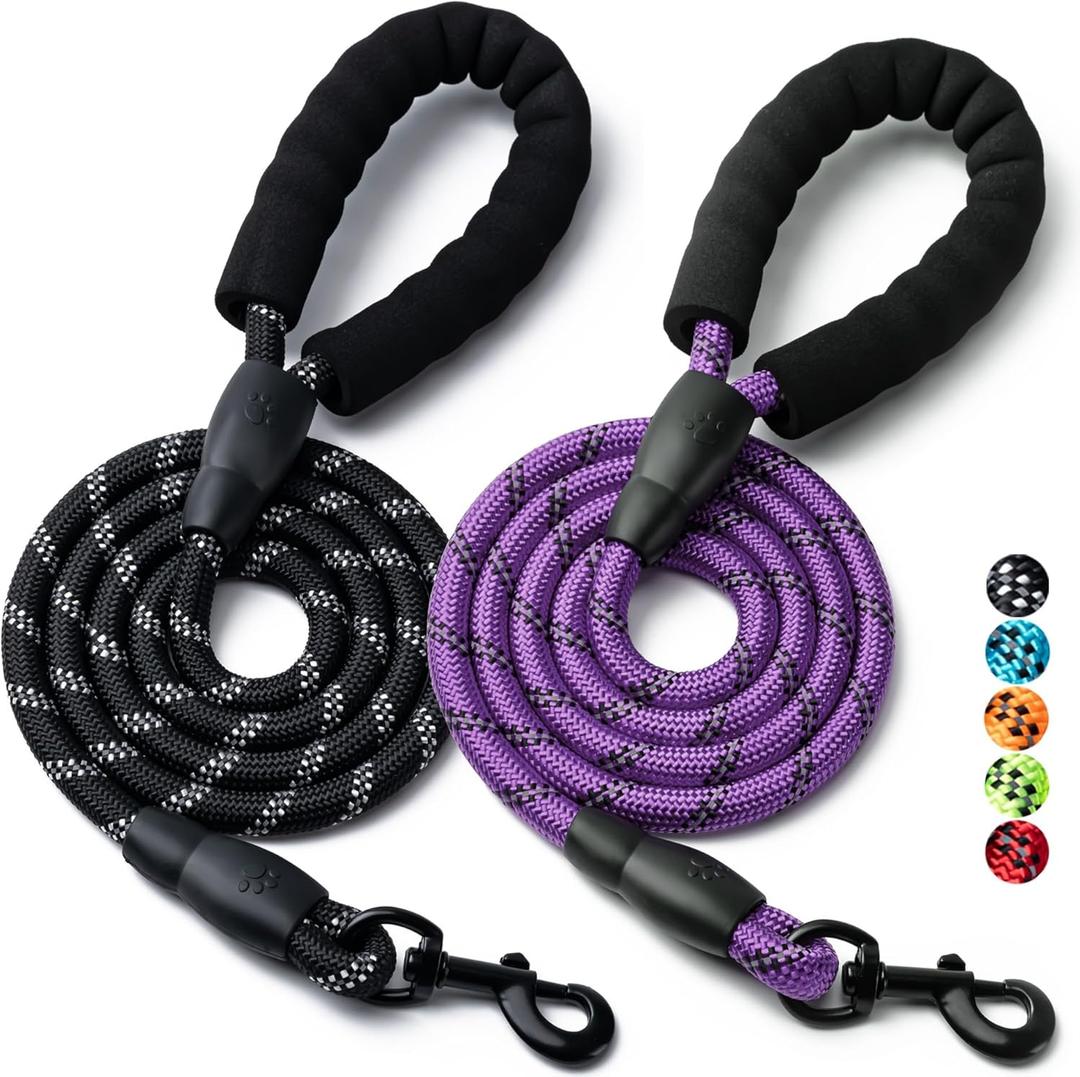 2 Pack Dog Leash, 4/5//6 FT Heavy Duty Nylon Rope Pet Leashes with Comfortable Padded Handle, Reflective Dog Leashes for Small Medium and Large Dogs (5FT-3/8,Black/Purple)