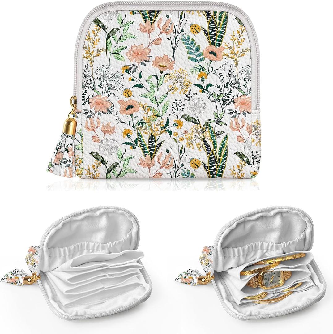 Travel Jewelry Organizer Case, Velvet Jewelry Organizer Storage Bag with Zipper, Journey Rings, Necklaces, Earrings, Bracelets for Women (Flower-Grass)