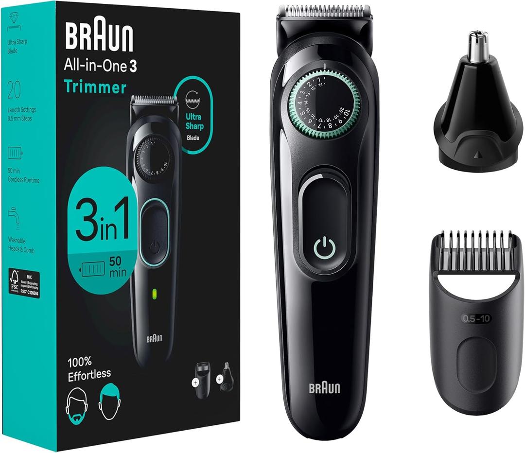 Braun All-In-One Style Kit Series 3 3430, 3-in-1 Trimmer for Men with Beard Trimmer, Ear & Nose Trimmer, Hair Clippers, Ultra-Sharp Blade, 20 Length Settings, Washable (5 Piece Set, Black)