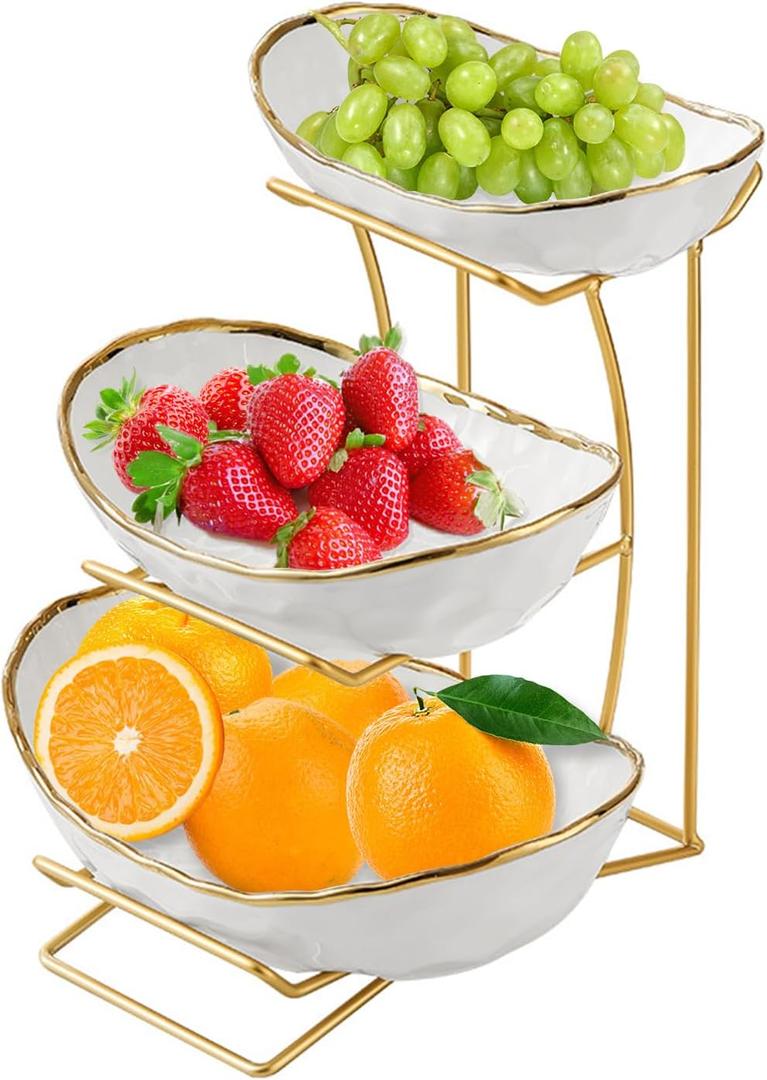 Fruit Bowl for Kitchen Counter, 3-Tier Fruit Basket, Ceramic Fruit Bowl with Metal Stand for Fruit, Vegetable Storage, Snack, Nuts, Dessert, Cake, Stylish & Cute