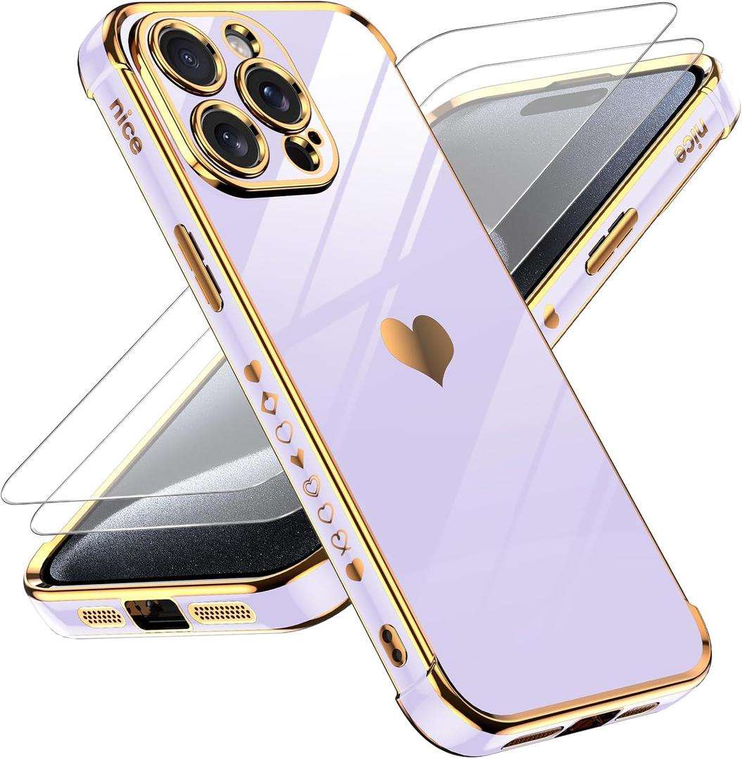 LeYi for iPhone 15 Pro Max Case: with Tempered Glass Screen Protector [2 Pcs]+ Full Camera Lens Protection,Love Heart Plating Girly Cute Luxury Soft TPU Shockproof Case for 15 Pro Max,Purple + Compatible for iPhone 15 Plus Case Cute Clear Oil Flower Floral Design for Girls Women Soft TPU Shockproof Protective Girly for iPhone 15 Plus-Pink Flower + Akeivare Compatible for iPhone 15 Case Cute Clear Flower