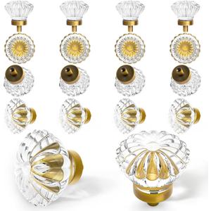 Antique Brass Crystal Cabinet Knobs Cabinets Knob, 16 Pack Flower Vintage Glass Clear Crystal Small Pull for Closet Dresser Drawers Cupboard Wardrobe, Retro Pulls Old Fashioned Drawer Gorgeous Handle