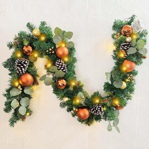 WANNA-CUL Pre-Lit 6 ft/ 72 Inch Christmas Garland with Lights Decoration for Mantle with Copper Gold Christmas Ball Ornaments, Battery Operated 30 LED Lights