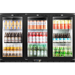 Tylza Back Bar Cooler With 3 Glass Doors, 312L Under Counter Back Bar Refrigerator with LED Lighting, Safety Locks, Counter Height Bar Beverage Cooler for Beer, Soda Drinks, Wine, Black