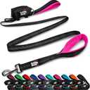 Black Rhino Heavy Duty Dog Leash for Medium and Large Dogs - 6 ft Long Double Handle Leash with Padded Traffic Control Handles and Bag for Comfort - Reflective, Durable, and Weather Resistant (Pink)