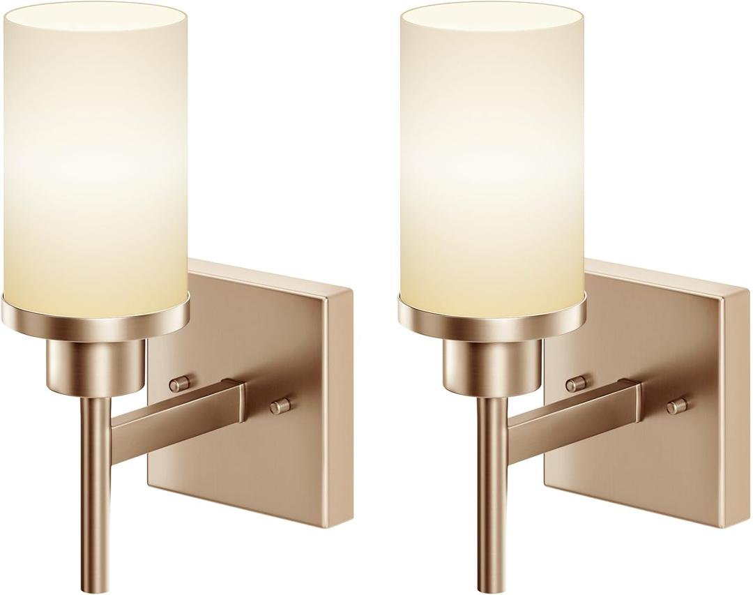 Vanity Lighting Fixtures with White Frosted Glass Shade, Champagne Bronze Wall Lamps for Bathroom Mirror Bedroom Living Room Porch, 2 Pack T001CPG-L1-P2