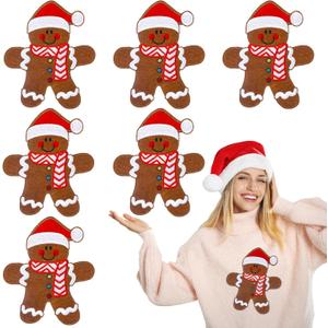Luinabio 6 Pcs 7'' Large Size Christmas Iron-on Patch Gingerbread Iron on Patches Appliques Embroidery Patches Bulk Craft Clothes Jeans Hat Sweater Jacket Bag Accessories DIY