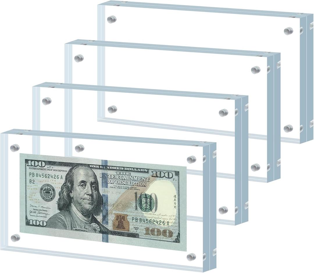 4Pcs Dollar Bill Frame Display Acrylic Dollar Bill Holder 3.9X7.8Inch for Dollar Bill Display Case Magnet Currency Display Frame (4)
