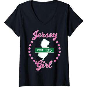 Women's New Jersey NJ GSP Garden State Parkway Jersey Girl Exit 135 V-Neck T-Shirt (Large, Black)