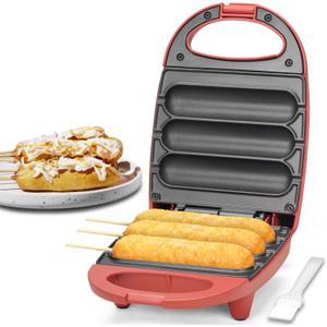 Electric Corn Dog Maker, Fryer for 3 Mini Corn Dogs on Stick, Cheese Mozzarella Sticks & Treats, Corndog Maker Machine, Hot Dog Machine, Brush Included, Red