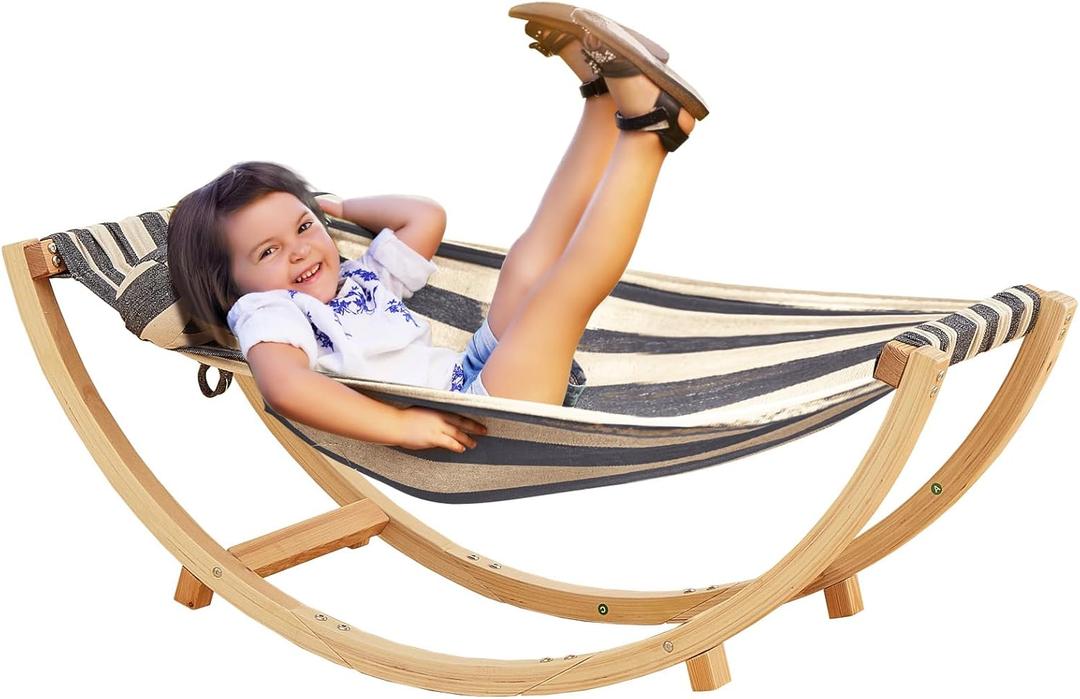 FUNLIO Wooden Rocking Chair for Kids 3-5 Years, Premium Solid Wood Kids Hammock Chair Stand, Wider & Longer Hammock Cloth with Stable Structure, 110lbs Capacity, CPC Certified