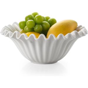 Large Decorative Bowl, 10 inches Porcelain Fruit Bowl for Kitchen Counter HandCrafted Ruffle Bowl for Home Decor Stylish Flower Dish for Party, White