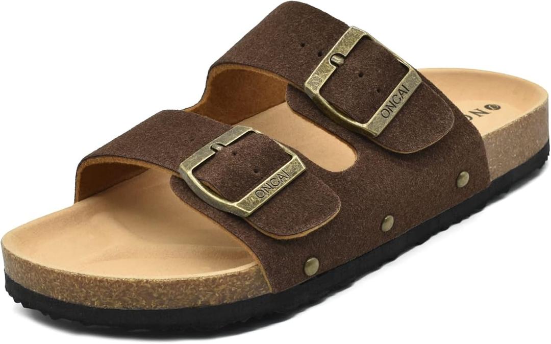 ONCAI Women's Flat Slide Sandals with Arch Support 2 Strap Adjustable Buckle Slip on Slides Shoes Non Slip Rubber Sole, Size 6