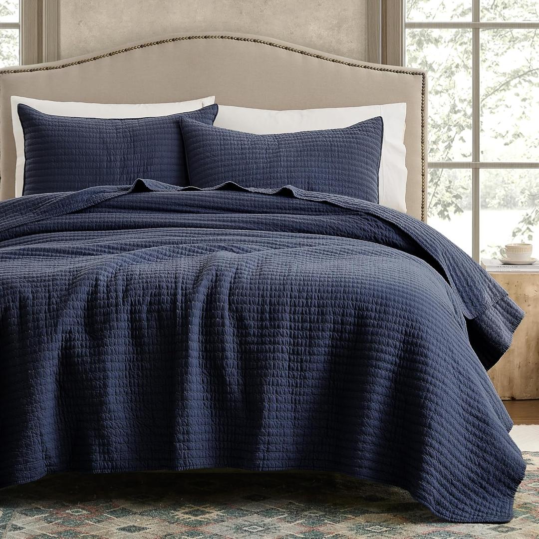 WDCOZY 100% Cotton King Size Quilt Set - Navy Blue Striped Pick Stitch Soft Lightweight Bedspread, Textured Like Linen, Farmhouse Country Rustic Coverlet, Shabby Chic Gauze Bedding, 3 Pieces (King (106"x96"))