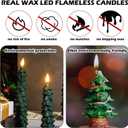 Funtery 6 Pcs LED Christmas Tree Flameless Taper Candles Real Wax Battery Operated Candlestick Lights with 3D Flame and Remote Timer Window Fireplace(Green,Christmas Tree)