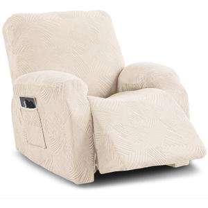 Oversized Recliner Chair Covers,4-Piece Stretch Geometric Strokes Jacquard Reclining Chair Slipcovers,Furniture Protector with Side Pocket,Soft Breathable Couch Cover,Beige