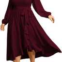 SCOMCHIC Women Plus Size Cocktail Dress Formal Long Sleeve Wedding Guest Smocked High Low Ruffle Dress with Belted (XL)