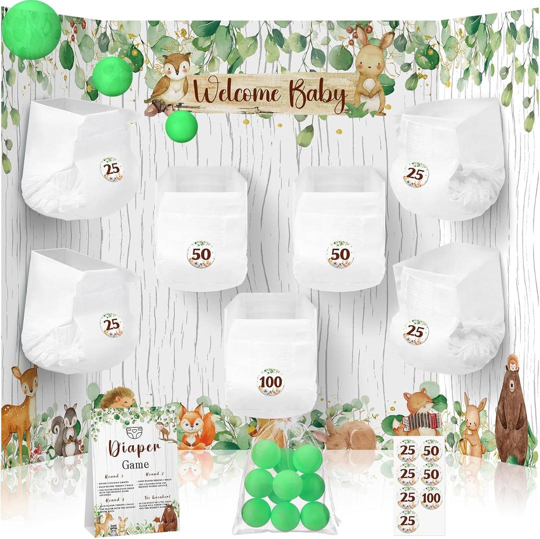 Ctosree 31 Pieces Woodland Animal Baby Shower Diaper Game 1 Diaper Baby Shower Game Board 7 Diapers 10 Plastic Balls 1 Organza Bag for Bridal Games Boy Girl