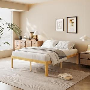 COMASACH 18 Inch Queen Wood Platform Bed，Mid-Century Wood Bed Frame Queen Size, No Box Spring Needed, Natural Finish, Easy Assembly