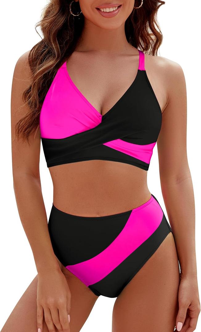 Blooming Jelly Womens High Waisted Bikini Sets Criss Cross Two Piece Swimsuits Color Block Full Coverage Bathing Suits (X-Large, Black Pink)